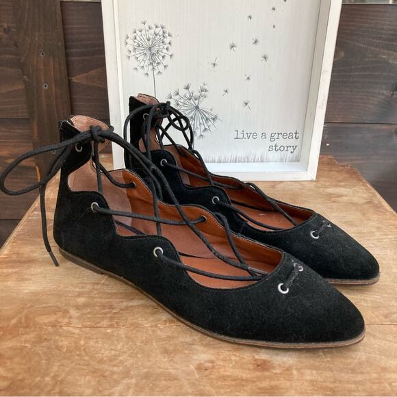 Lucky Brand ballet flats size 8.5 lace-up faux suede black NEW witchy goth indie - Picture 1 of 8